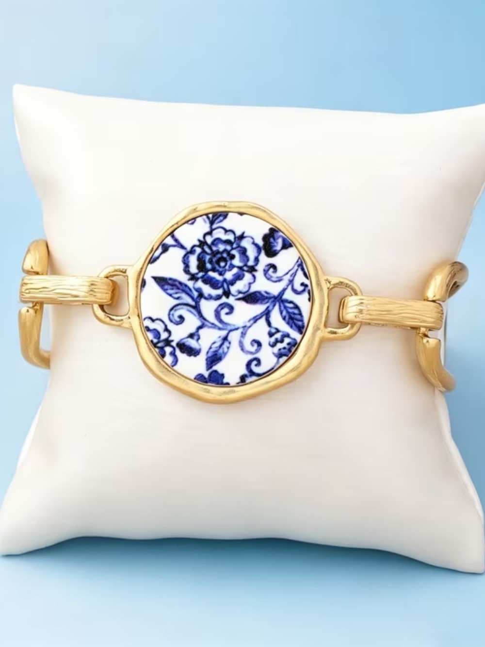 18k Gold over Stainless Steel Bracelet with Blue Floral German Porcelain Accent